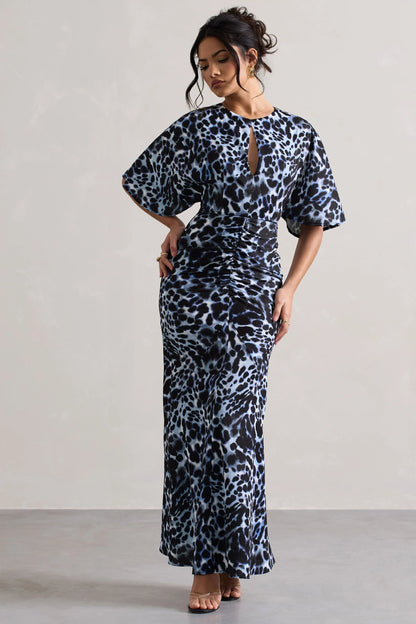 Elidy Animal Print Ruched Flutter Sleeve Cut Out Maxi Dress
