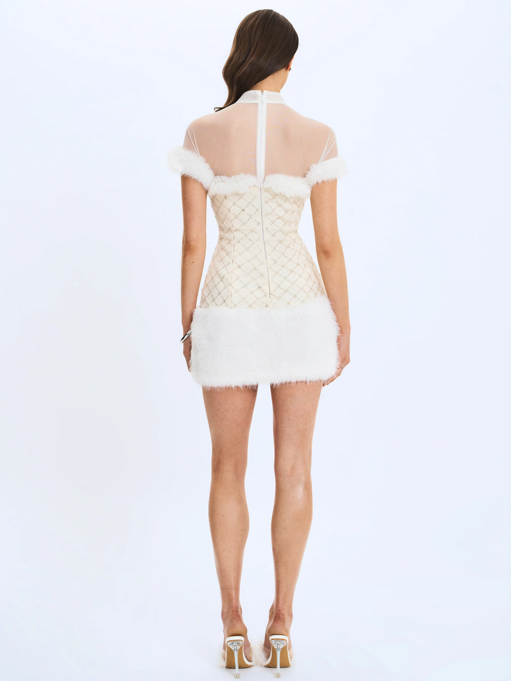 Taylor Ivory Fur Trimmed Beaded Bouclé Mini Dress