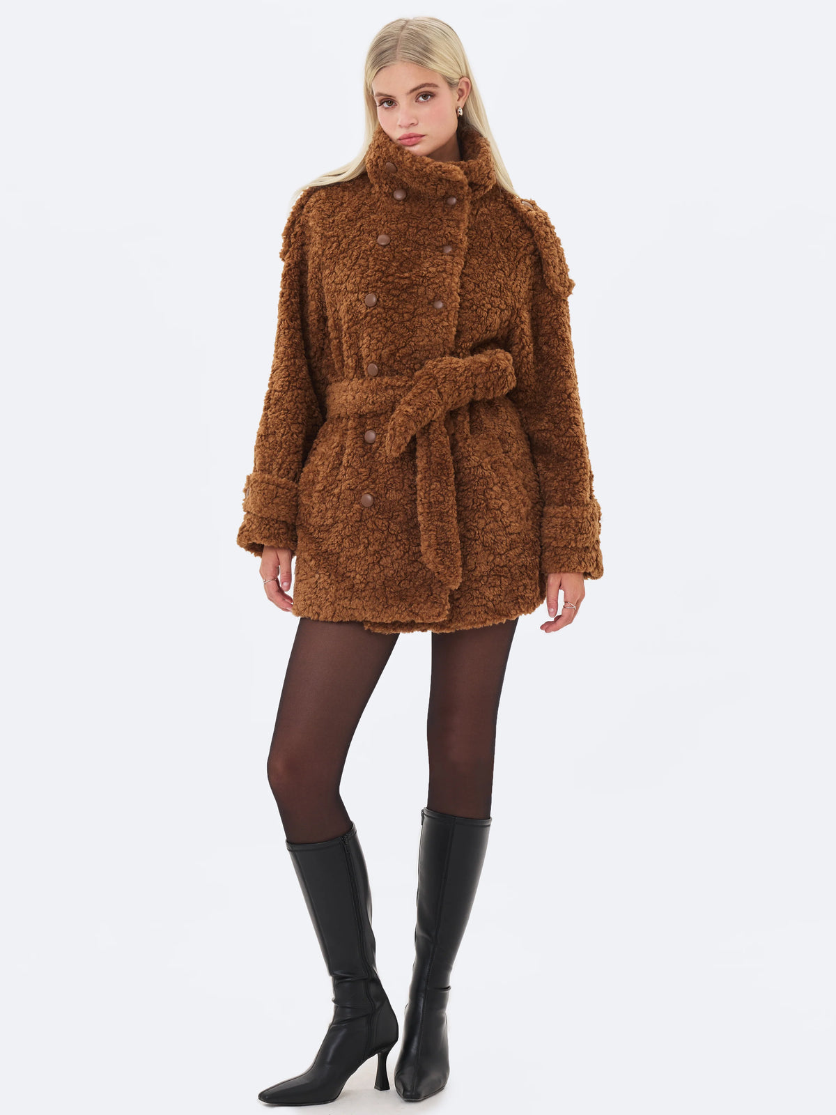 Marlow Chestnut Teddy Fur Funnel Collar Belted Mini Coat