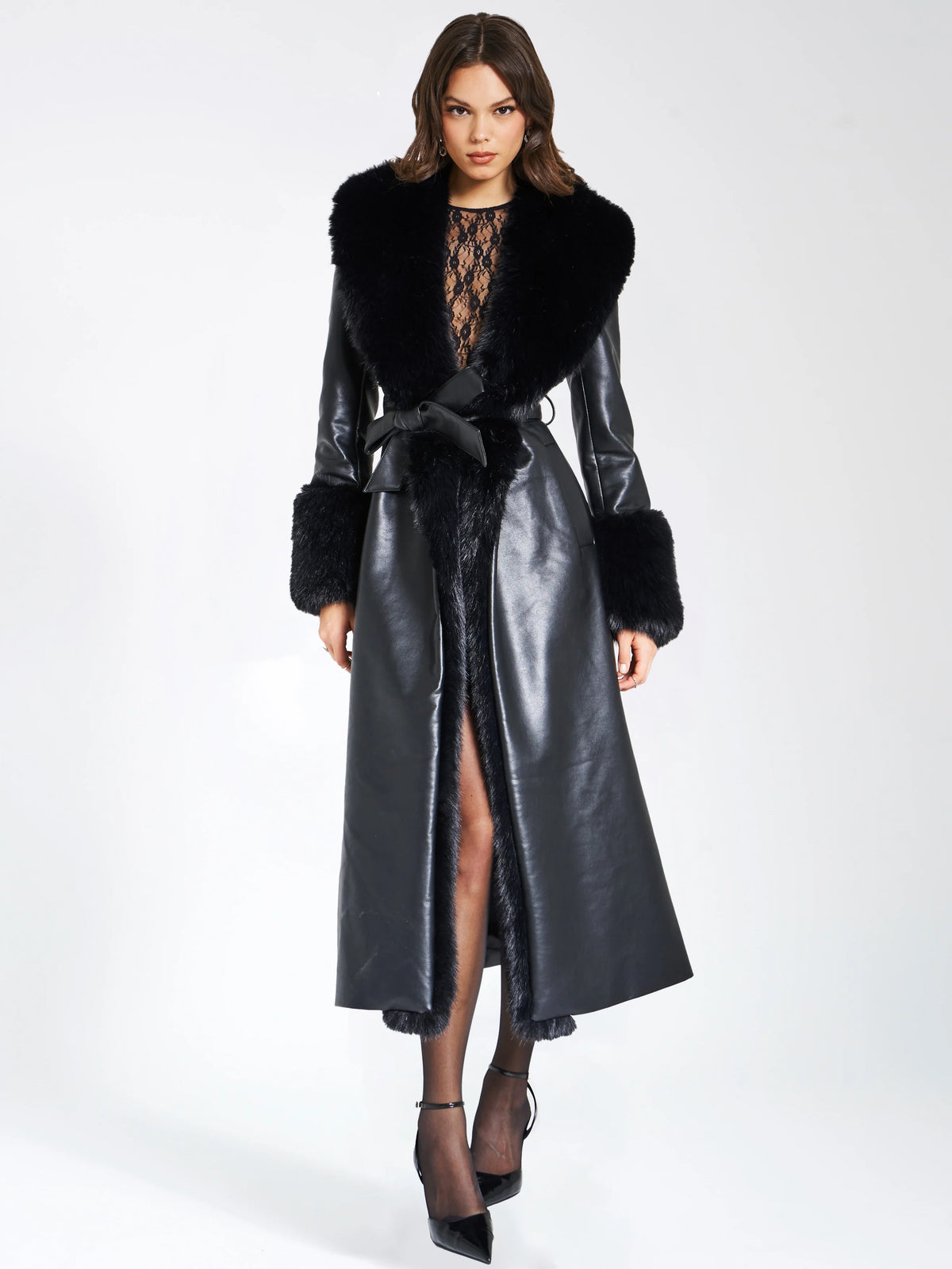 Zaida Black Vegan Fur Trim Black Vegan Leather Coat