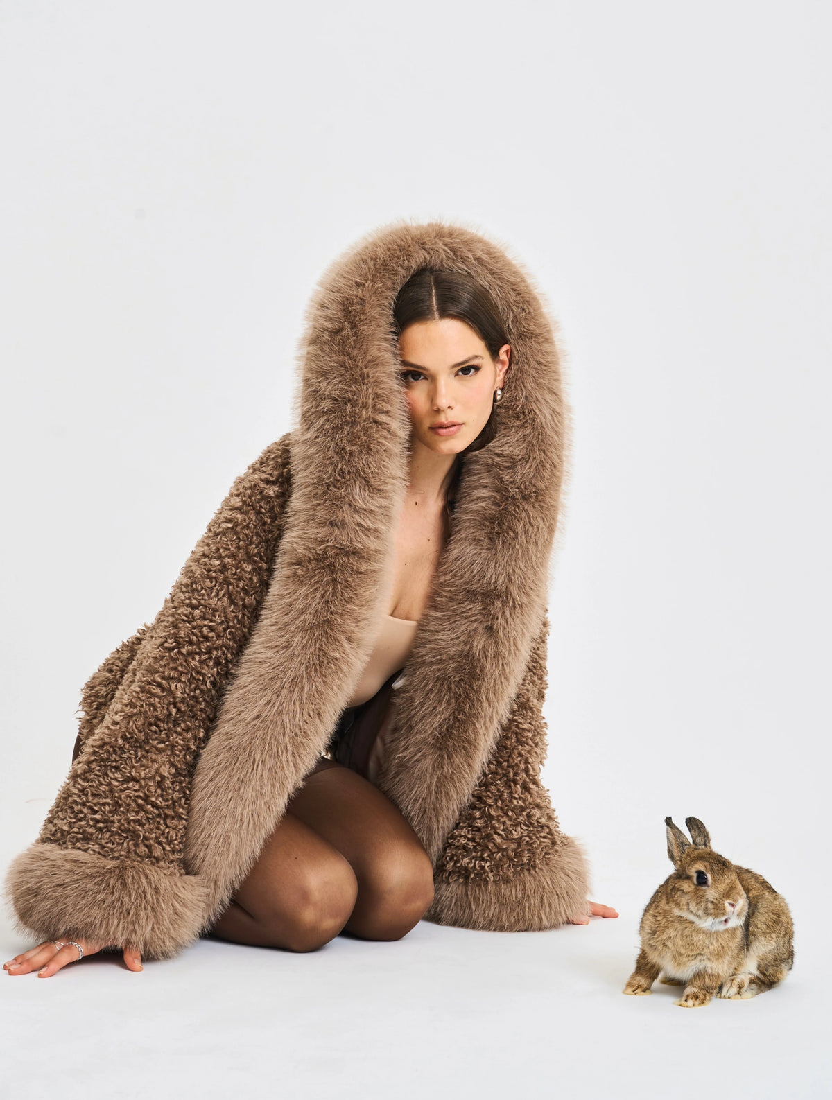 Jumbo Kali Camel Vegan Shearling Fur Trimmed Coat