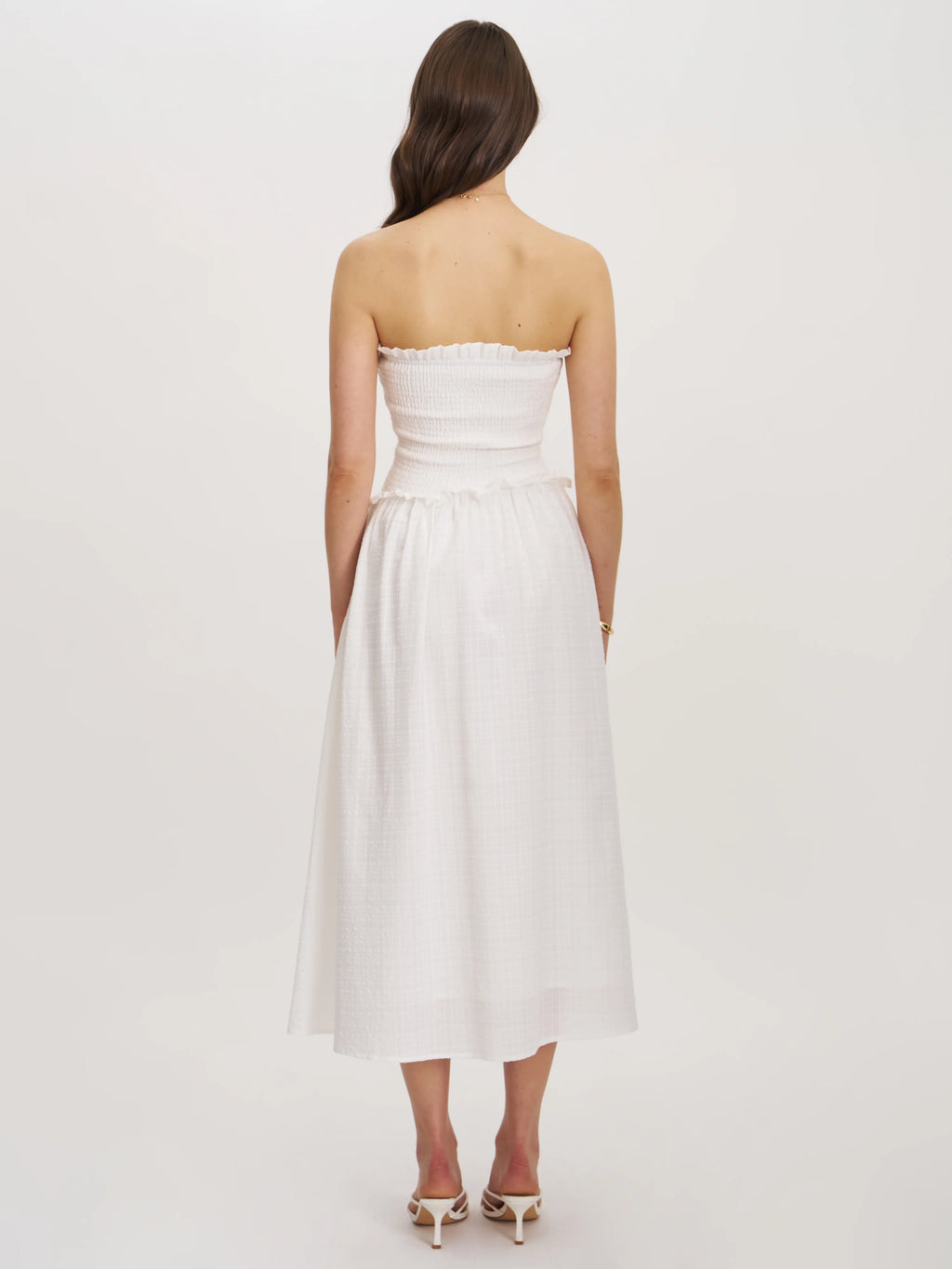 Quadiya White Cotton Seersucker Smocked Strapless Midi Dress Archive Sale