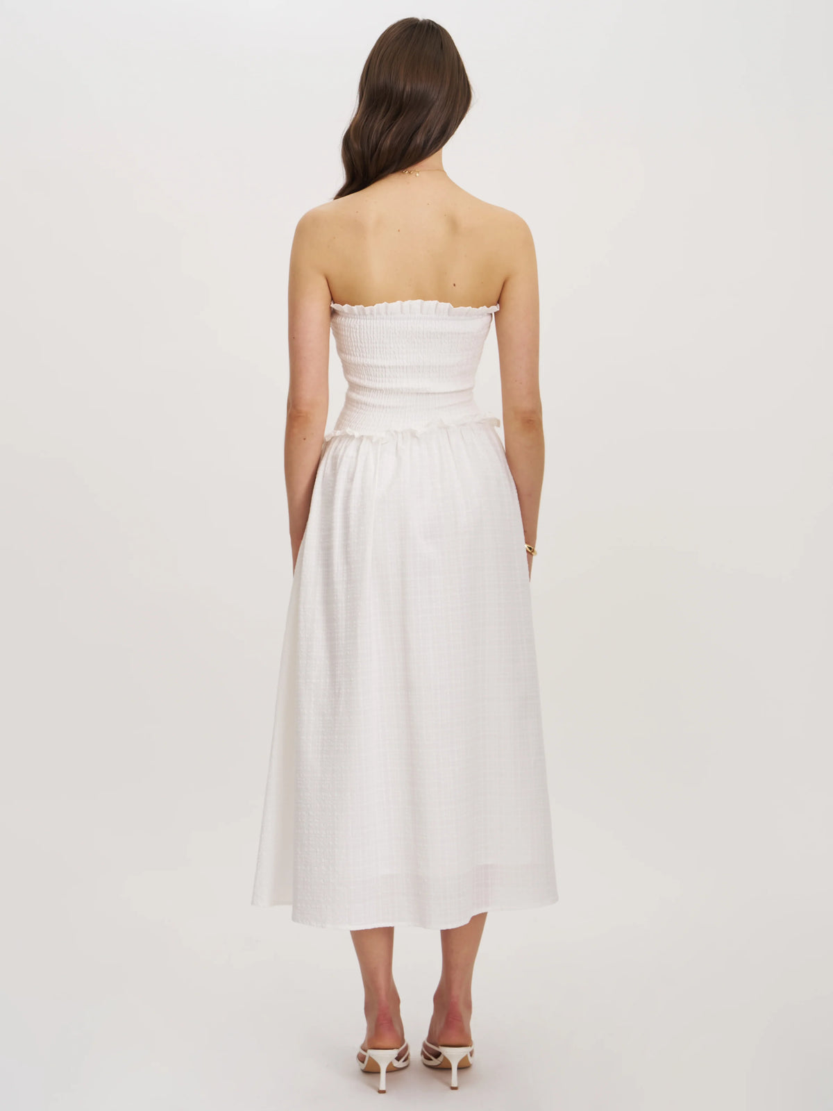 Quadiya White Cotton Seersucker Smocked Strapless Midi Dress Archive Sale