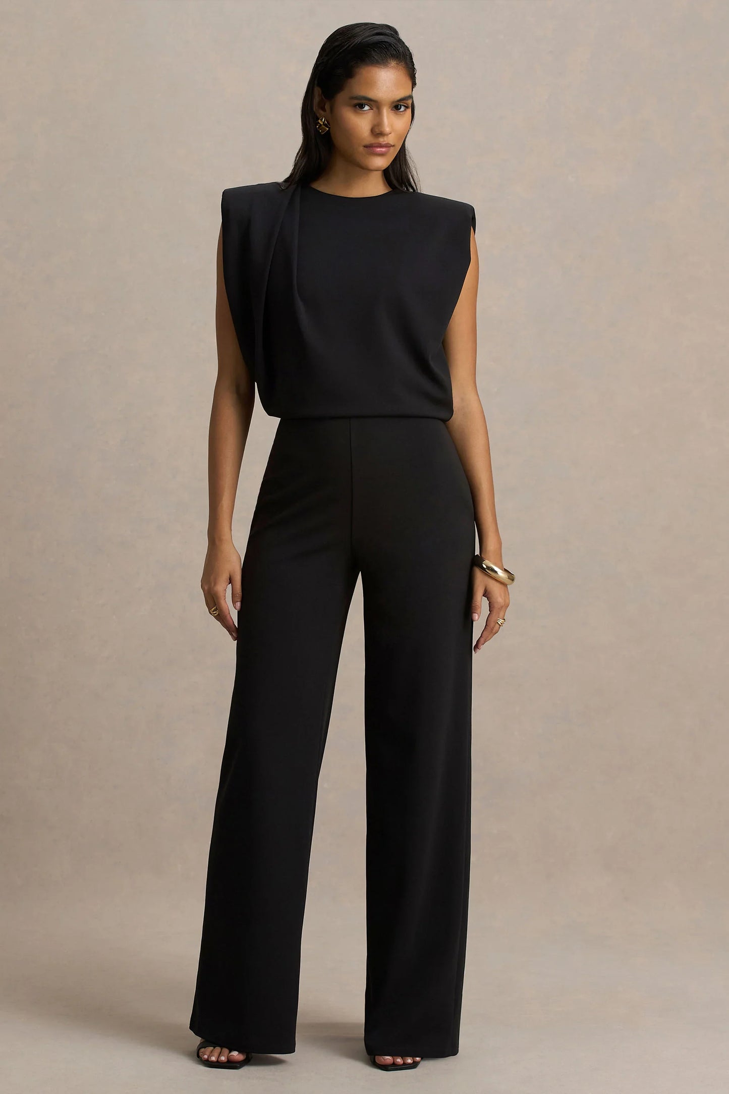 Tiff Black Crew Neck Jumpsuit With Draped Detailing