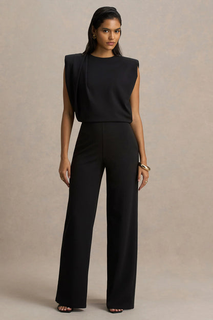 Tiff Black Crew Neck Jumpsuit With Draped Detailing