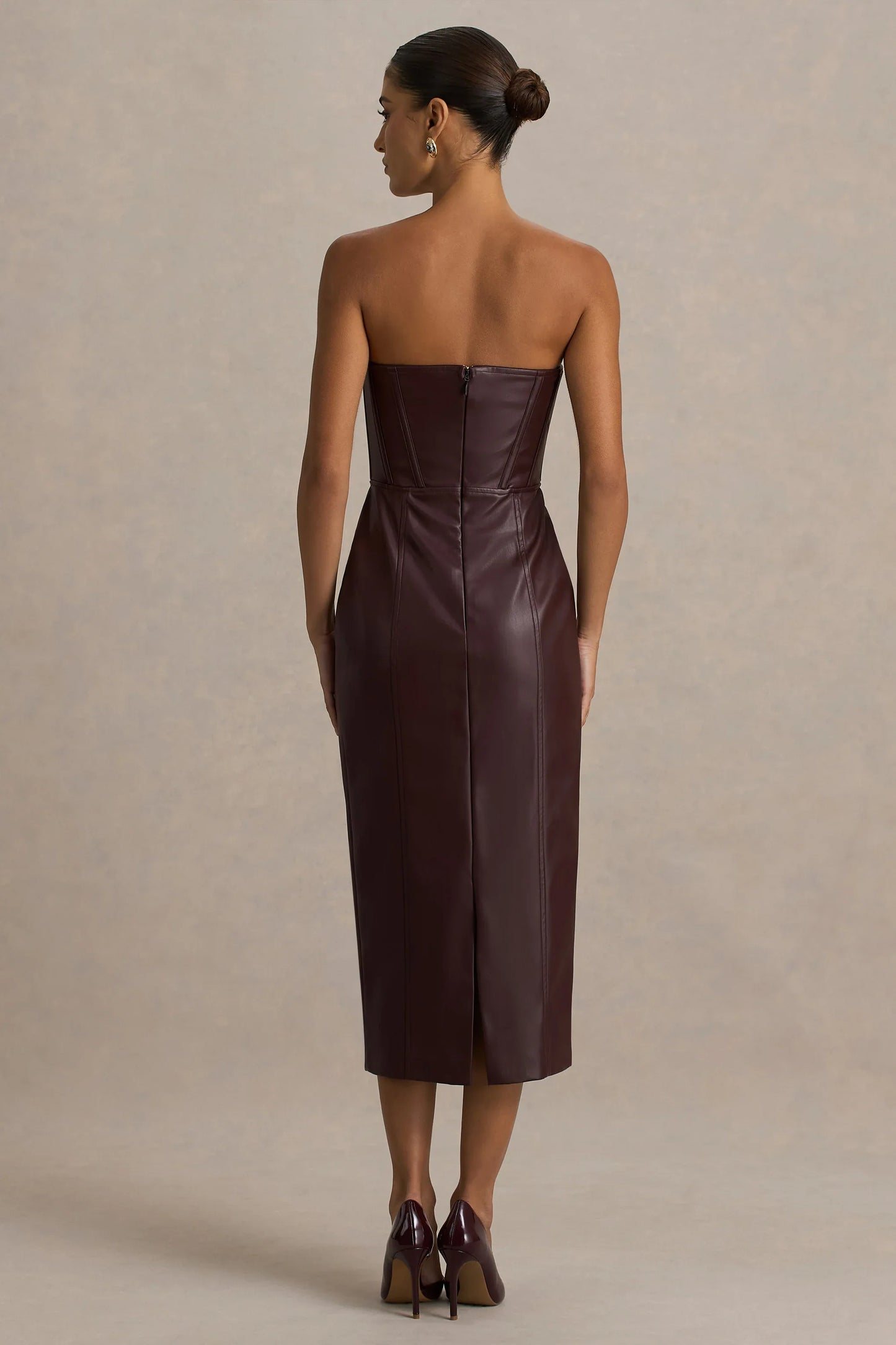 Zola Burgundy Faux Leather Bandeau Midi Dress