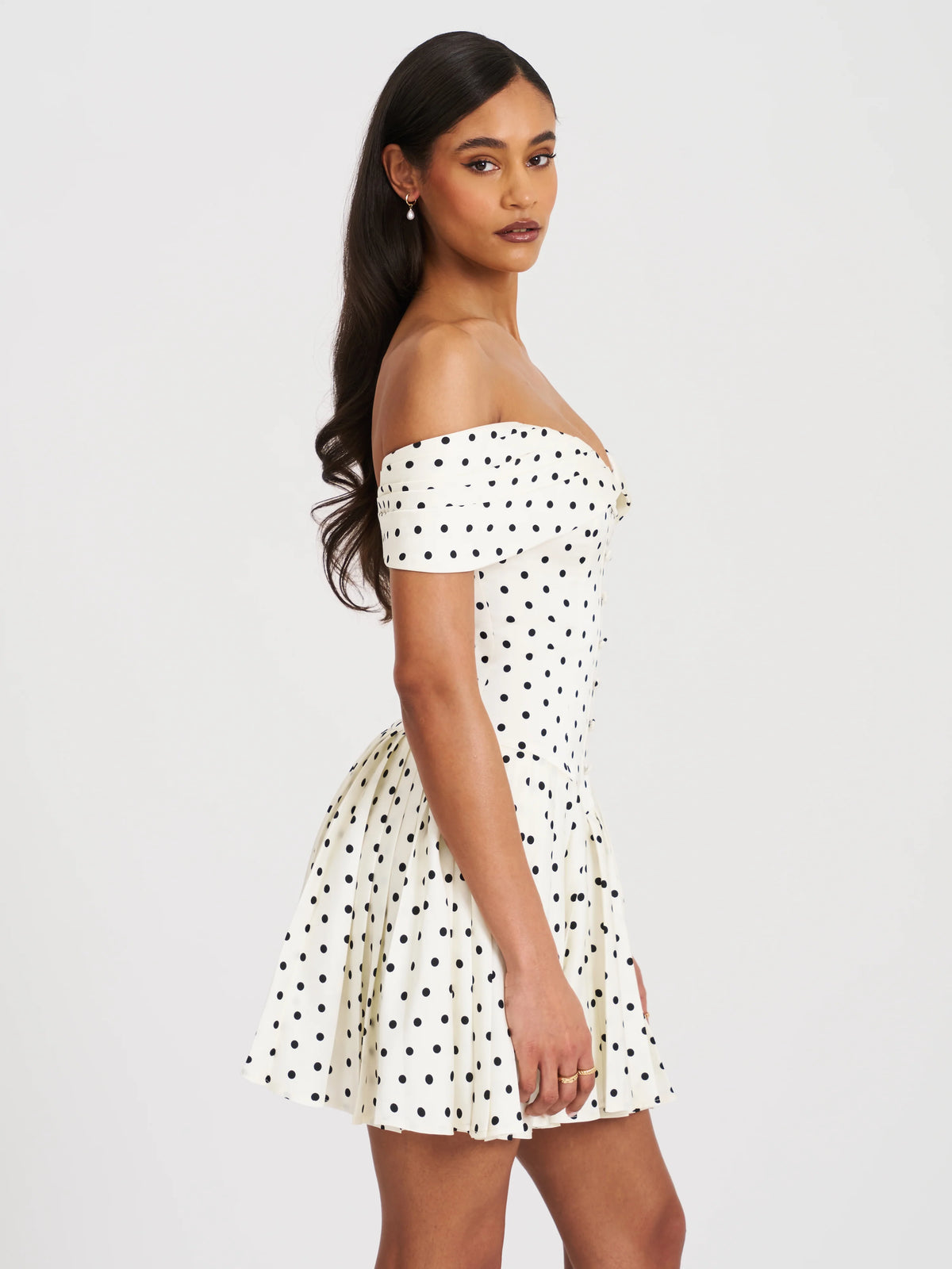 Edeline Polka Dot Off shoulder Pleated Mini Dress