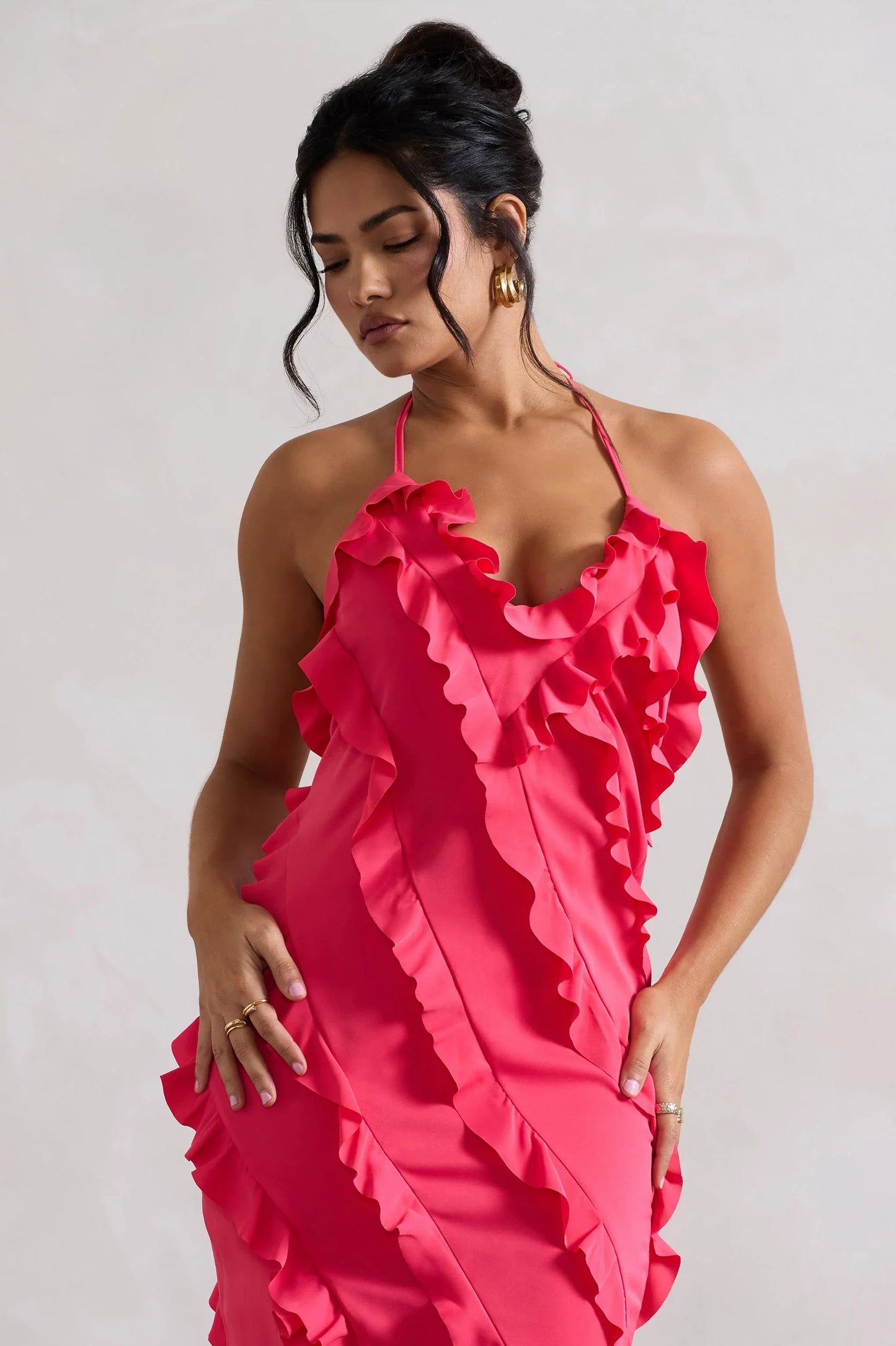 Full On Hot Pink V Neck Ruffle Maxi Dress