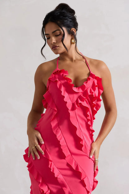 Full On Hot Pink V Neck Ruffle Maxi Dress