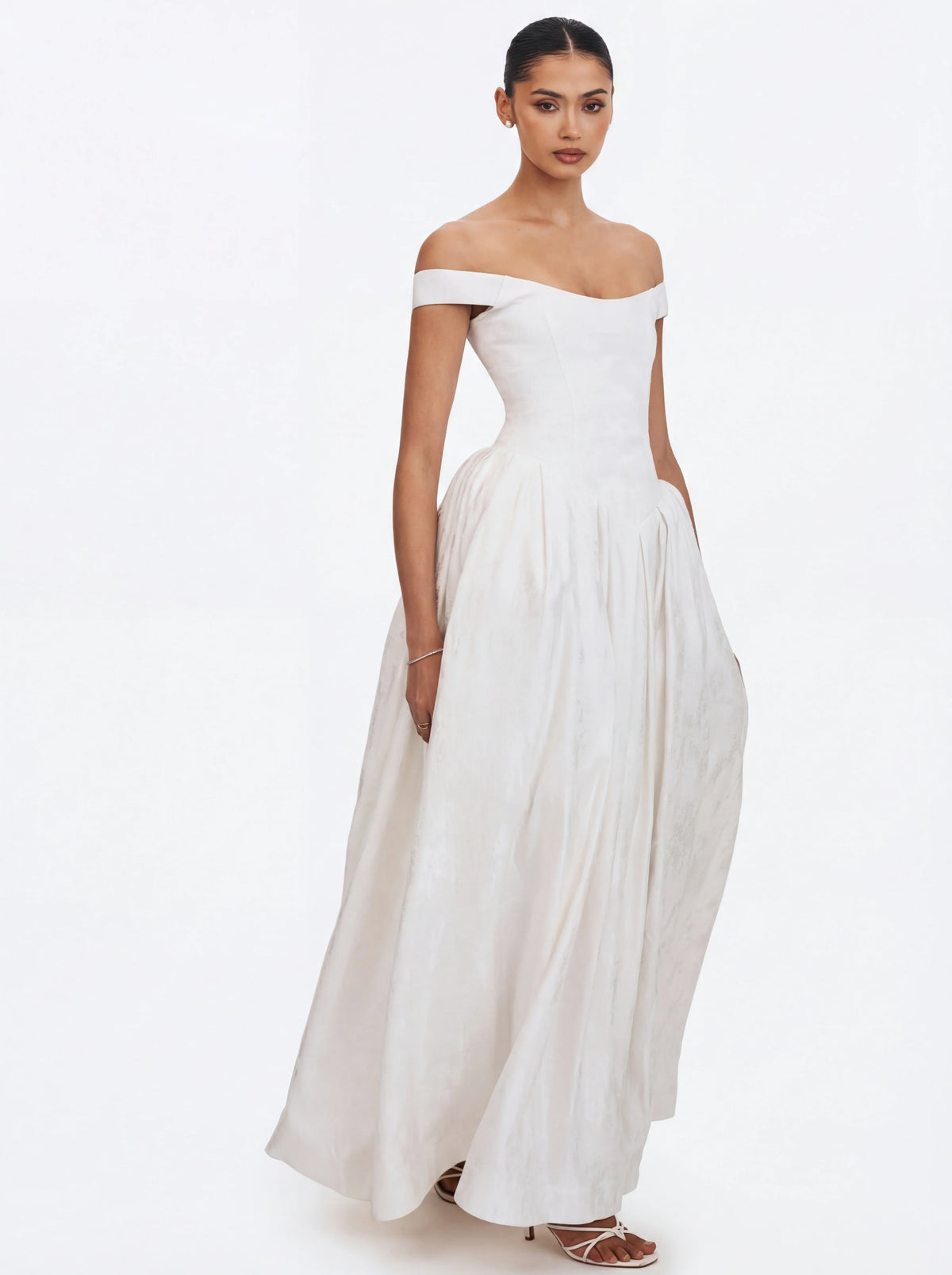 Tinsley White Jacquard Bardot Wedding Gown