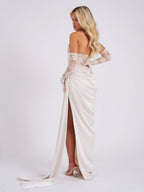 Callie Pearl White Lace Satin Corset High Slit Gown