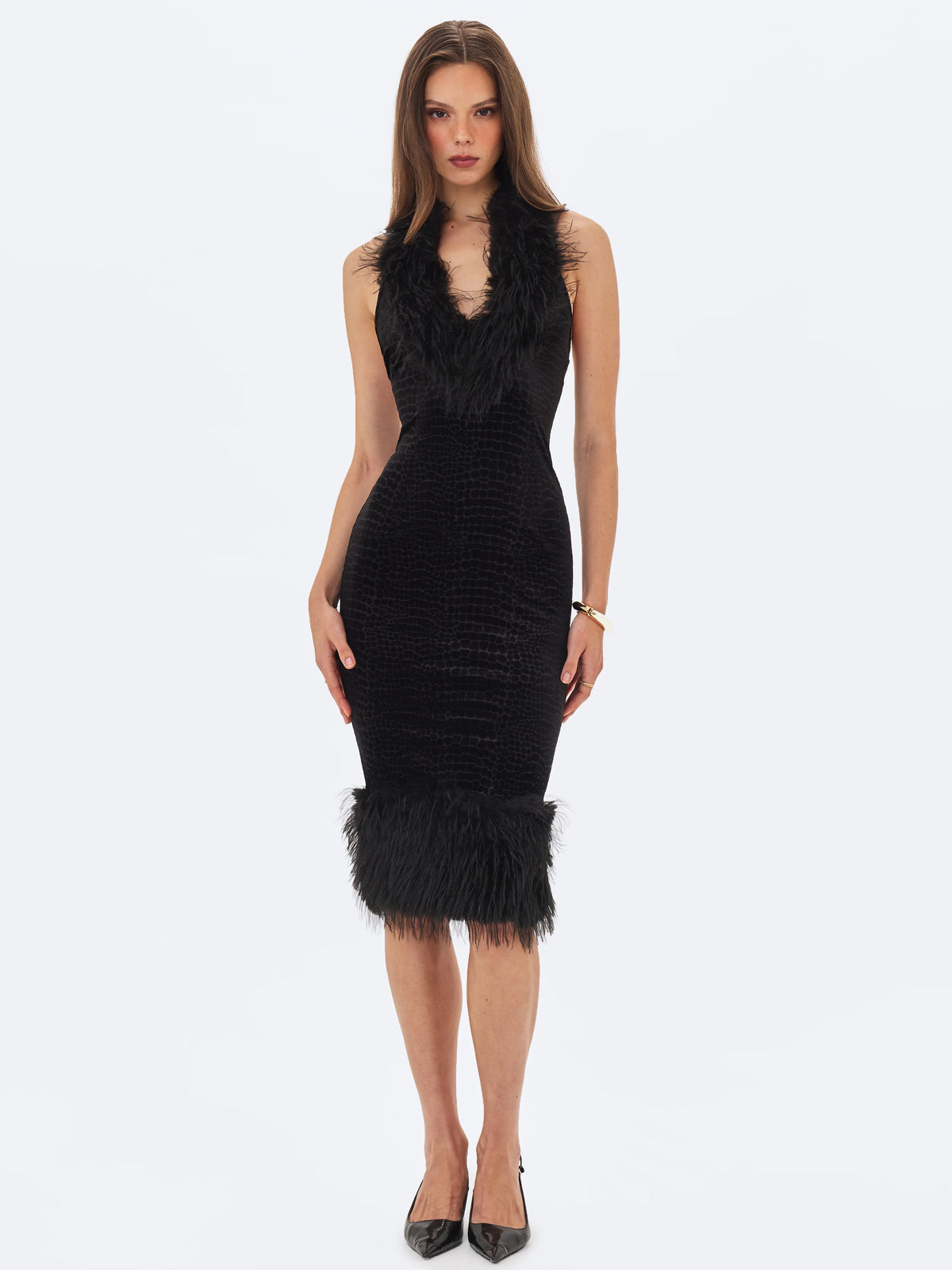 Onalee Black Croc Embossed Velvet Fur Midi Dress