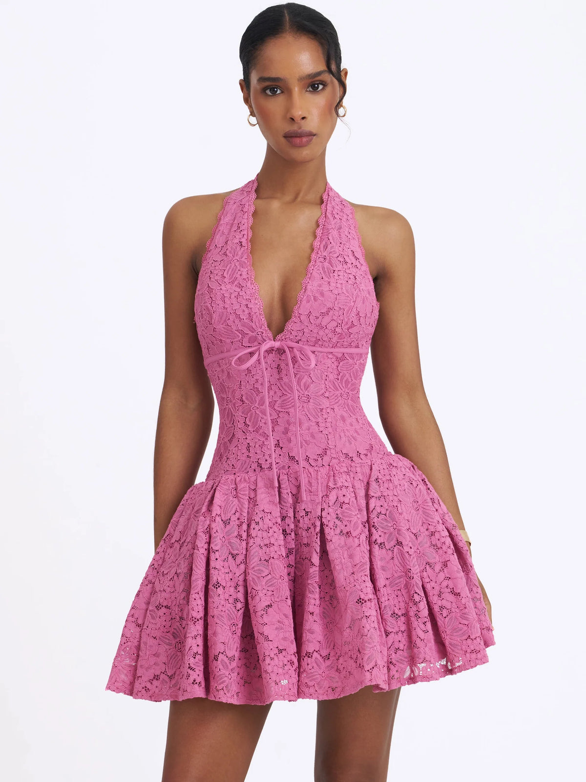 Karla Magenta Lace Drop Waist Halter Mini Dress