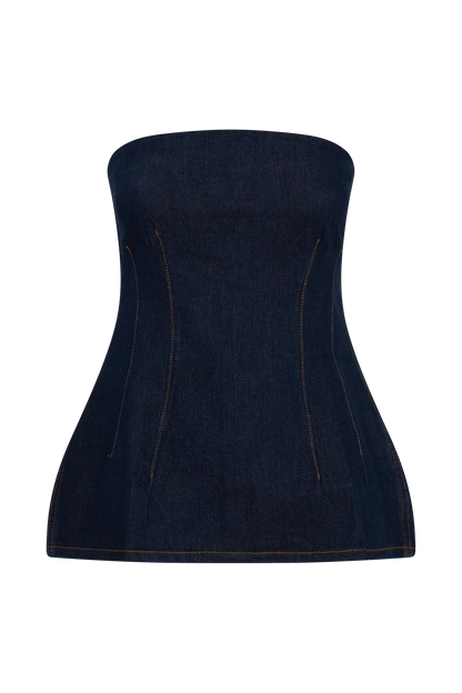 Madelyn Strapless Longline Denim Top Indigo Blue