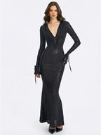 Ilysia Black V Neck Plunge Snakeskin Mermaid Hem Maxi Dress