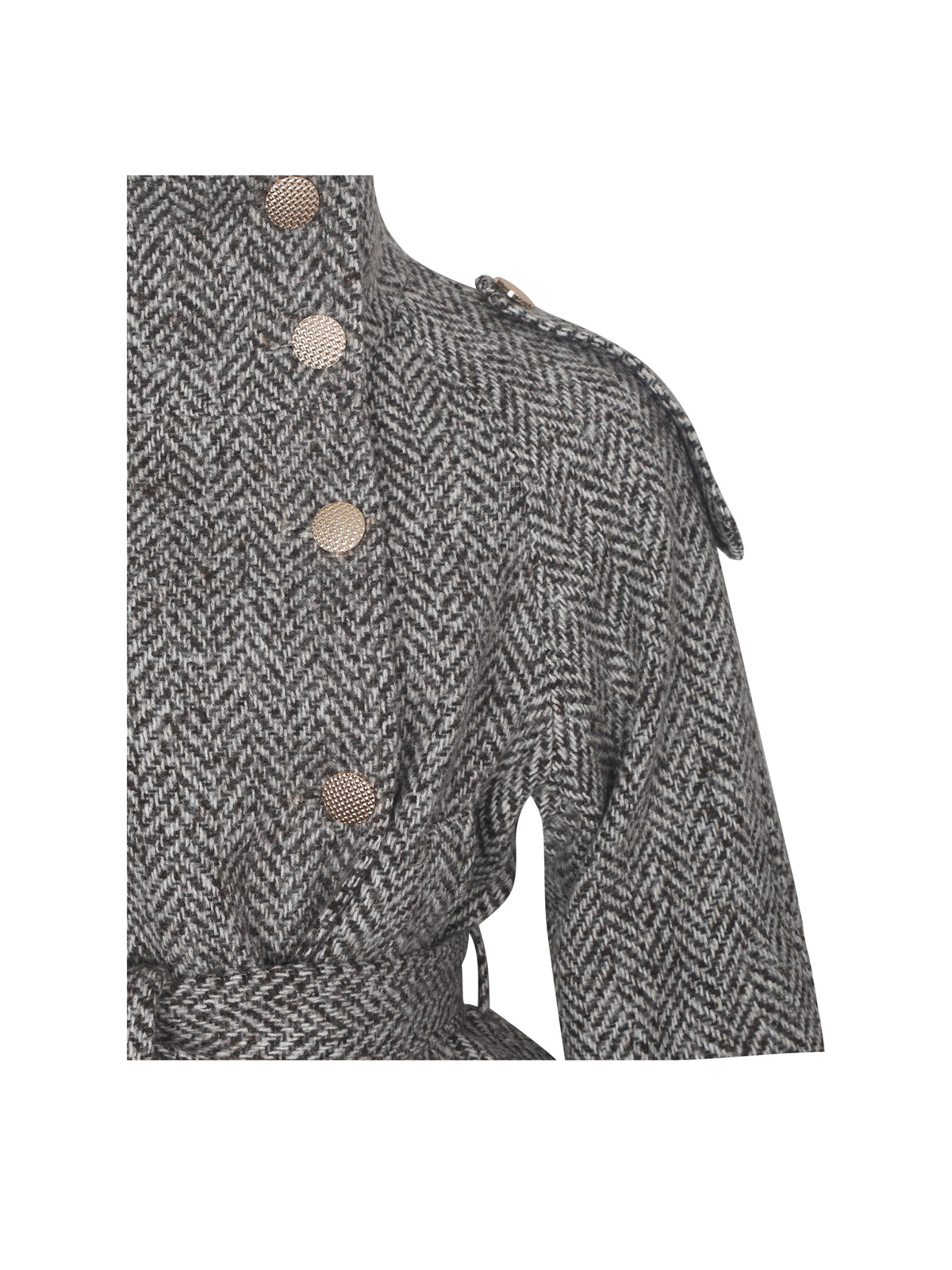 Sadie Brown White Herringbone High Collar Belted Mini Jacket