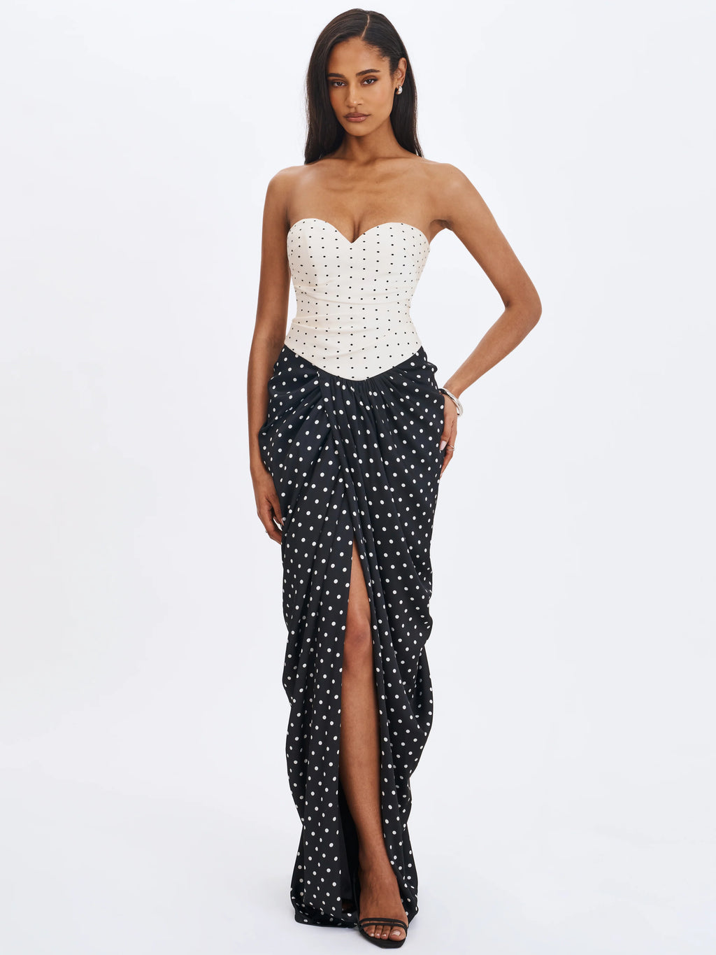 Tamryn Black White Polka Dot Sweetheart Maxi Dress