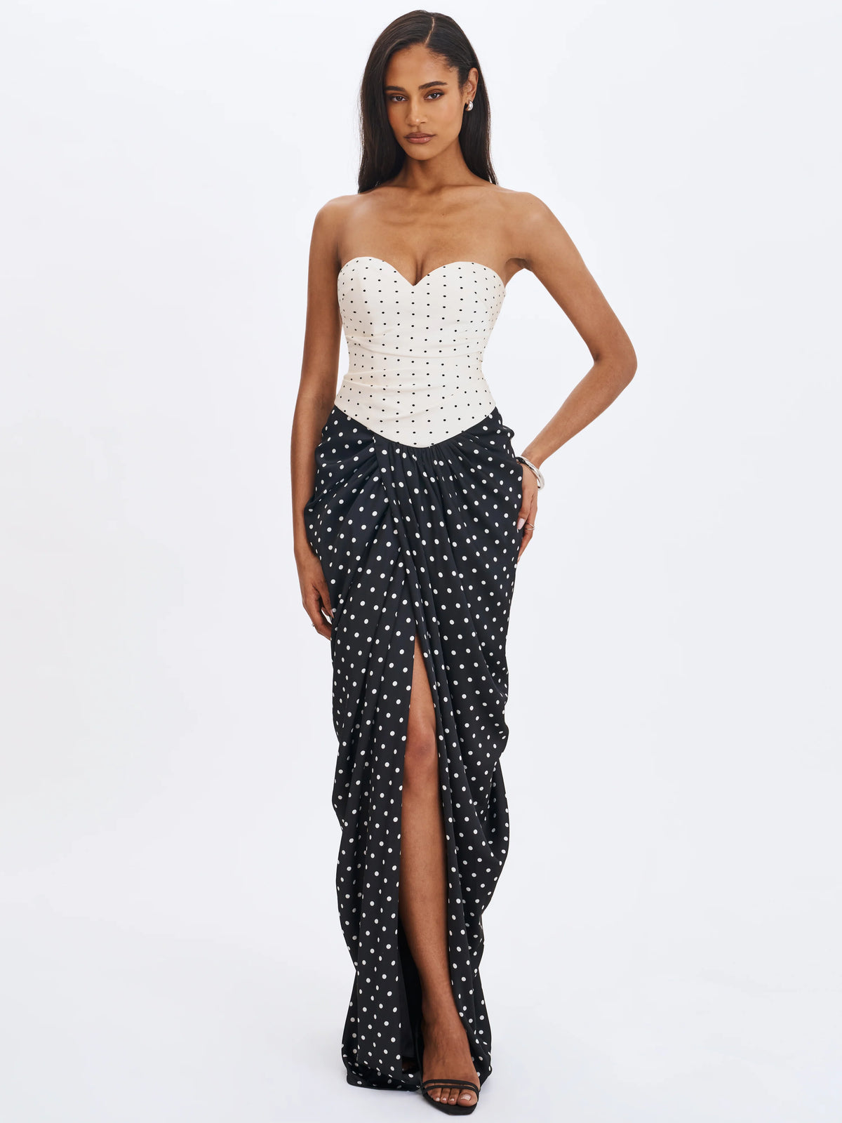 Tamryn Black White Polka Dot Sweetheart Maxi Dress