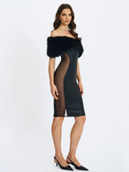 Bellis Black Fur Trim Mesh Panel Off Shoulder Midi Dress