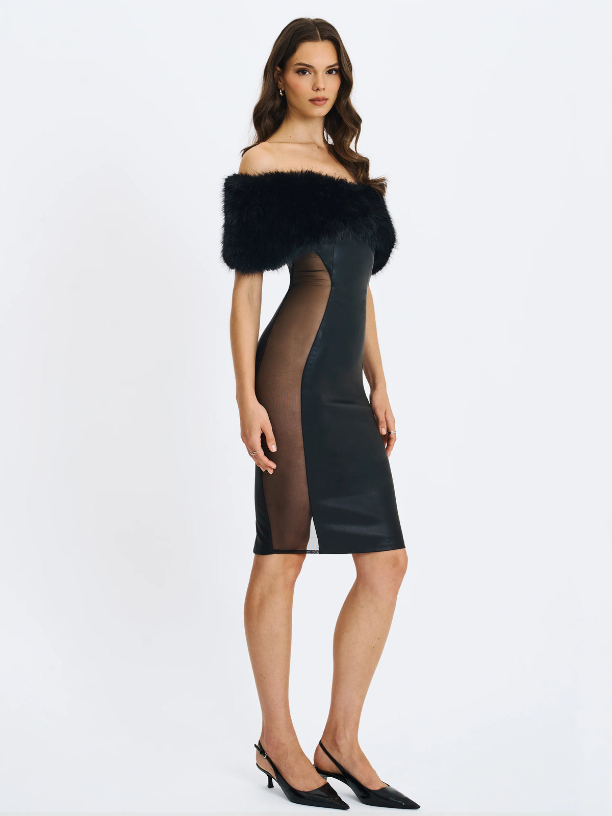 Bellis Black Fur Trim Mesh Panel Off Shoulder Midi Dress