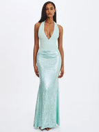 Wendale Mint Sequin Plunging Mermaid Maxi Dress