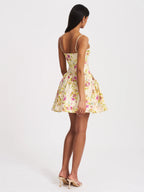Valda Yellow and Pink Print Linen Mini Dress with Pockets