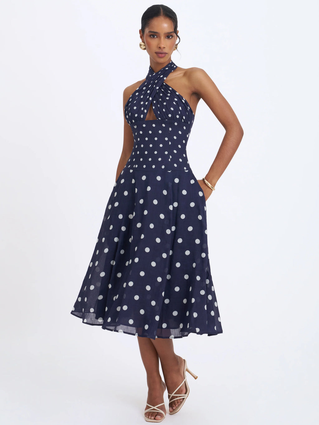 Nuri Navy Polka Dot Ramie Crossover Halter A Line Midi Dress