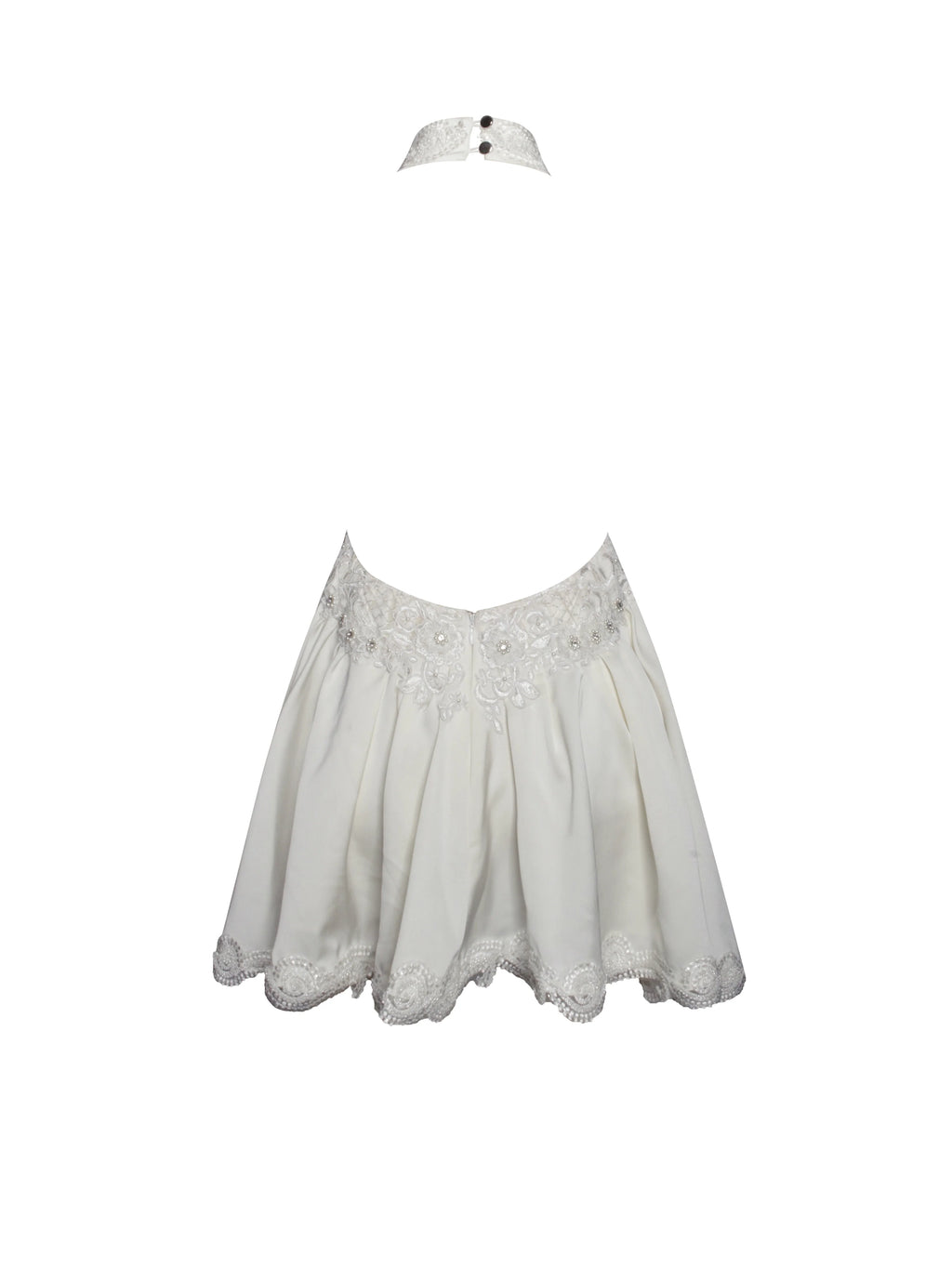 Idalia Pearl White Beaded Lace Trim Backless Halter Mini Dress