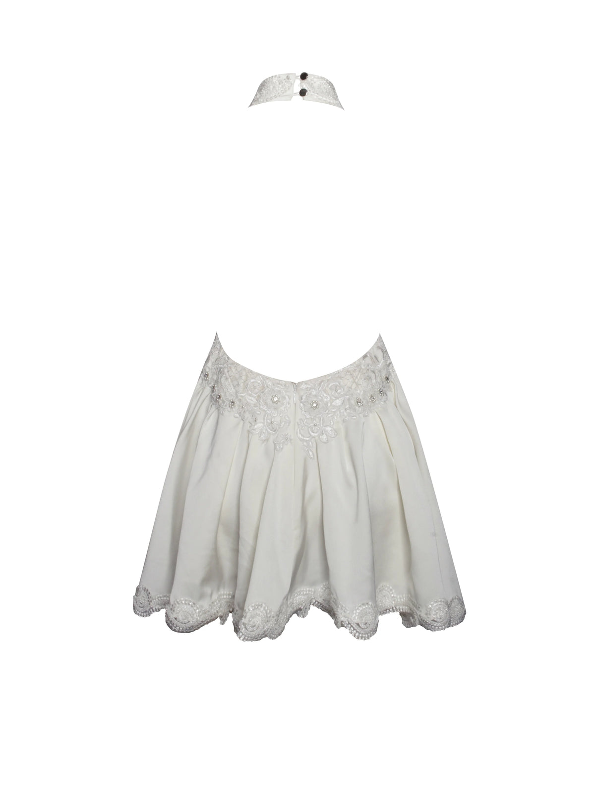 Idalia Pearl White Beaded Lace Trim Backless Halter Mini Dress