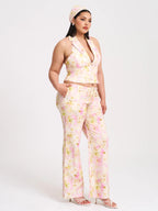 Laureen Pink Floral Print Linen Straight Pants