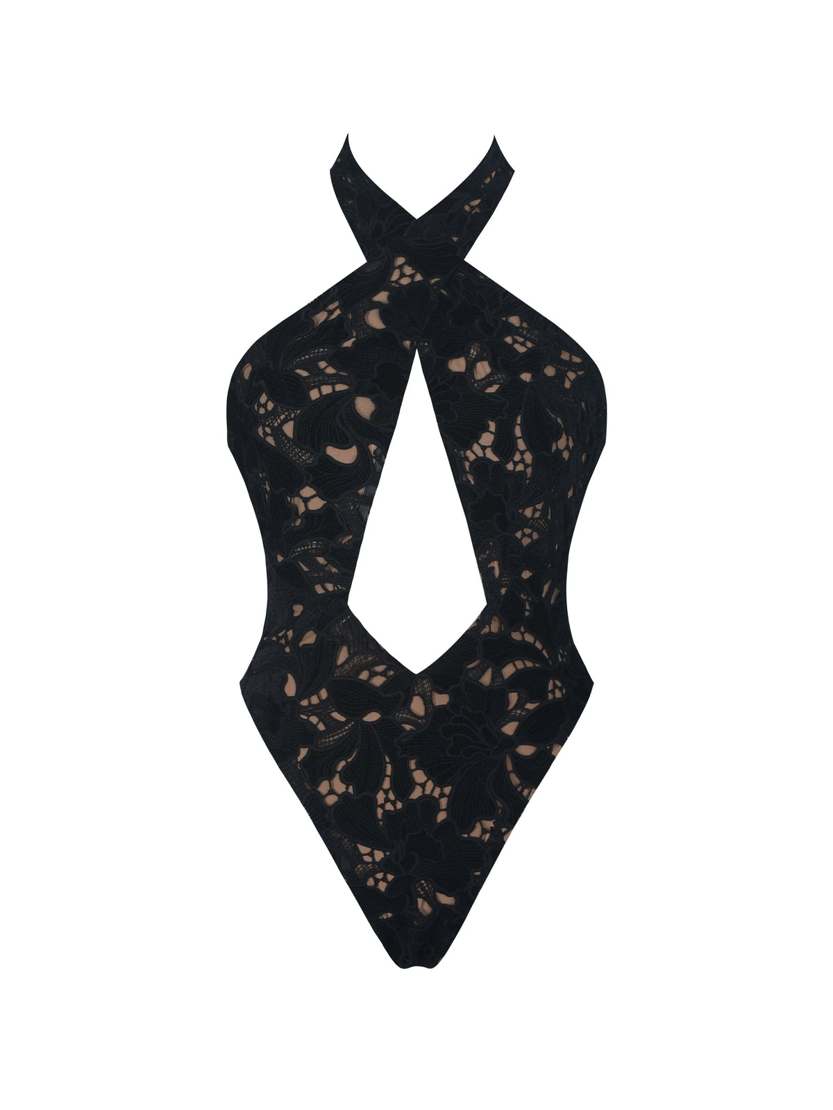 Breanna Black Velvet Lace Crossover Halter Swimsuit