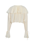 Magali Beige Dotted Mesh Ruffle V Collar Top