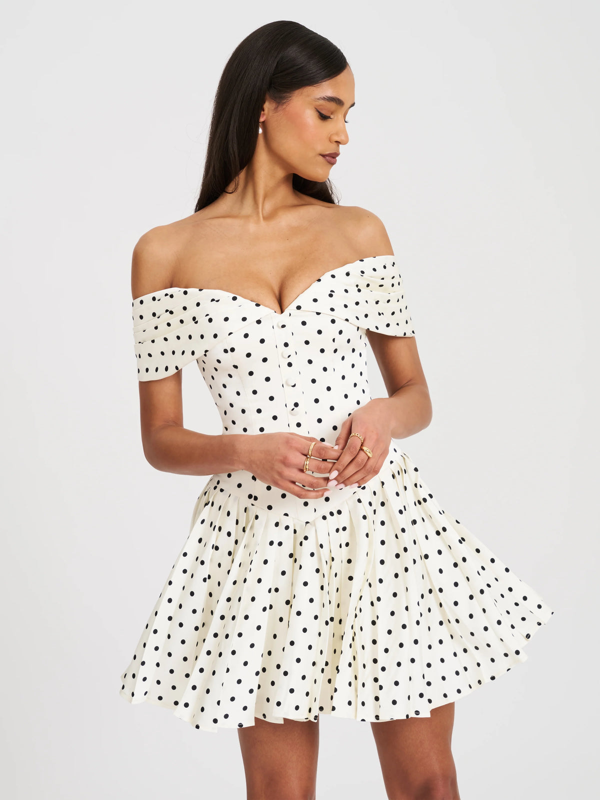 Edeline Polka Dot Off shoulder Pleated Mini Dress