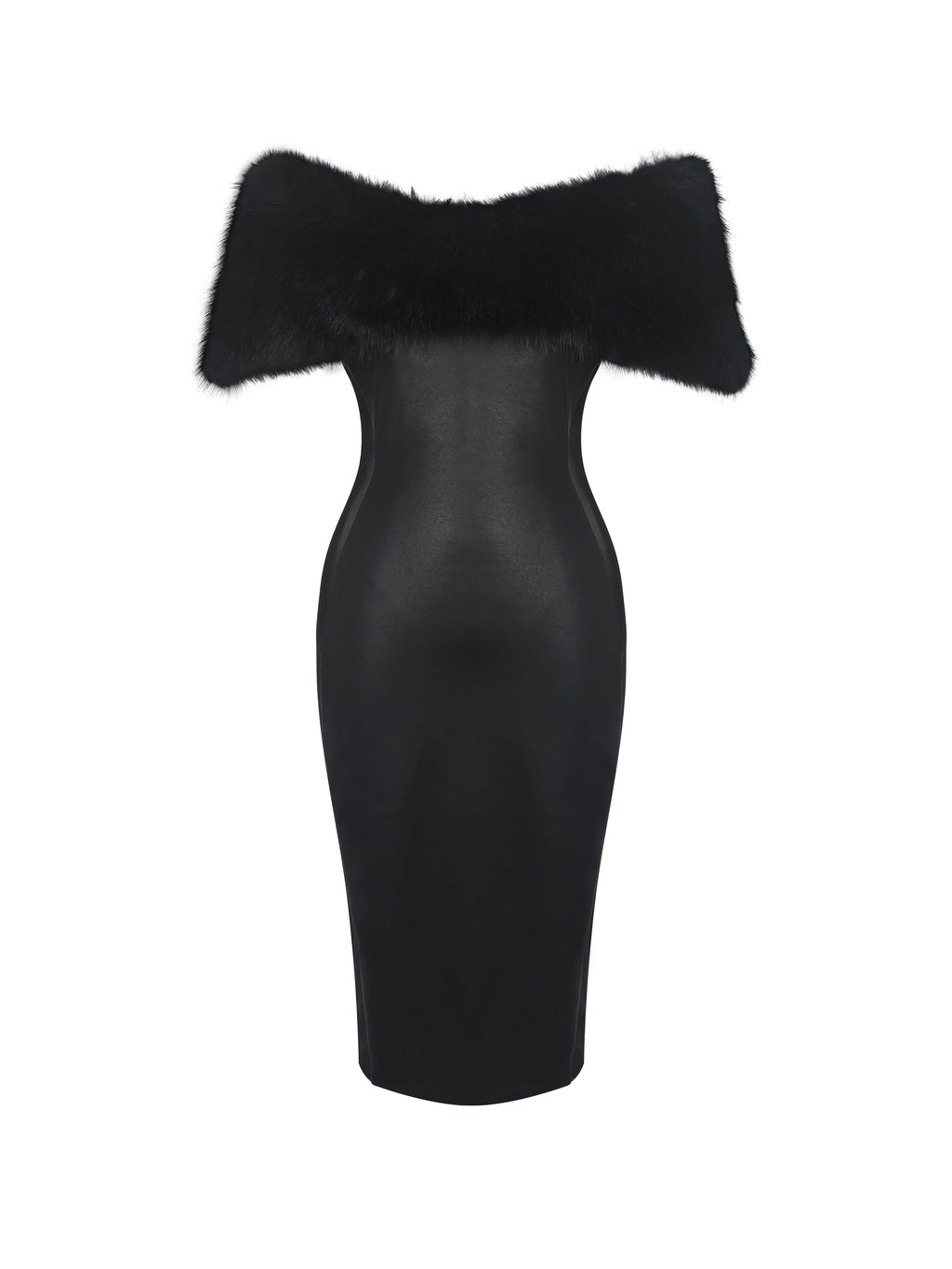 Bellis Black Fur Trim Mesh Panel Off Shoulder Midi Dress