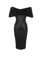 Bellis Black Fur Trim Mesh Panel Off Shoulder Midi Dress