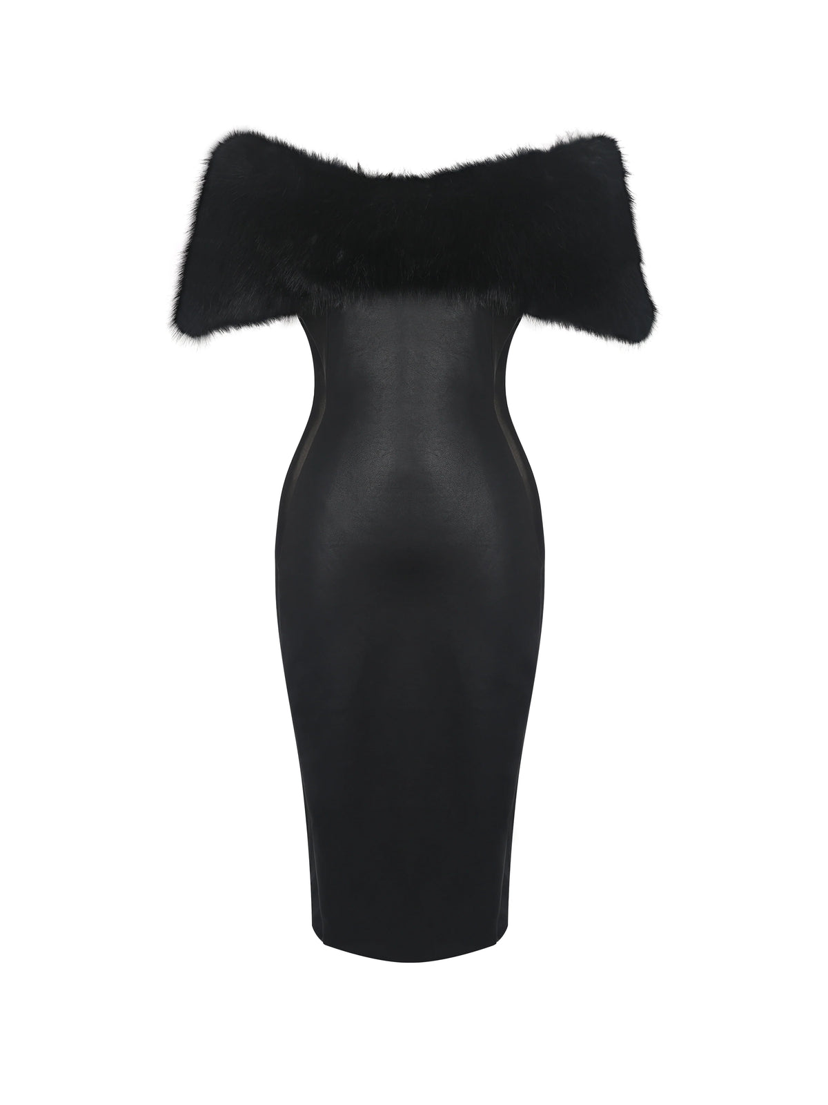 Bellis Black Fur Trim Mesh Panel Off Shoulder Midi Dress