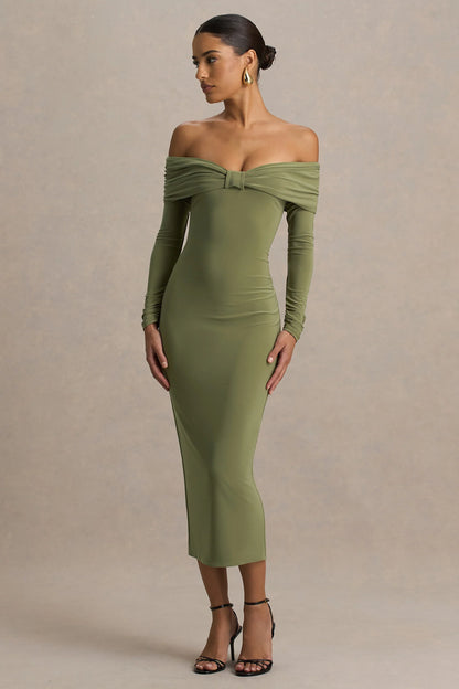 Spark Olive Bardot Neck Midi Dress With Bow Detail