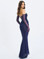 Orabelle Navy Beaded Peplum Mermaid Maxi Gown with Lace up Back