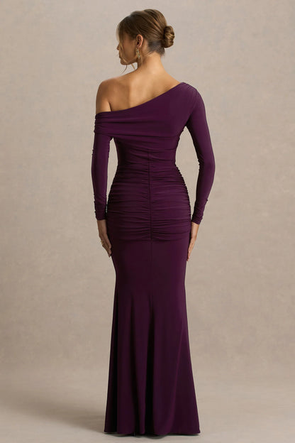 Clover Burgundy Asymmetric Neck Wrapped Maxi Dress With Sash