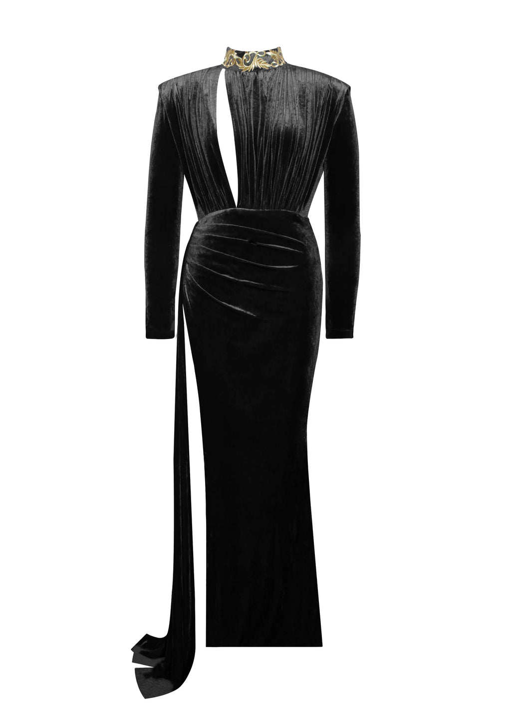 Zenaida Black Cutout High Slit Velvet Gown Archive Sale