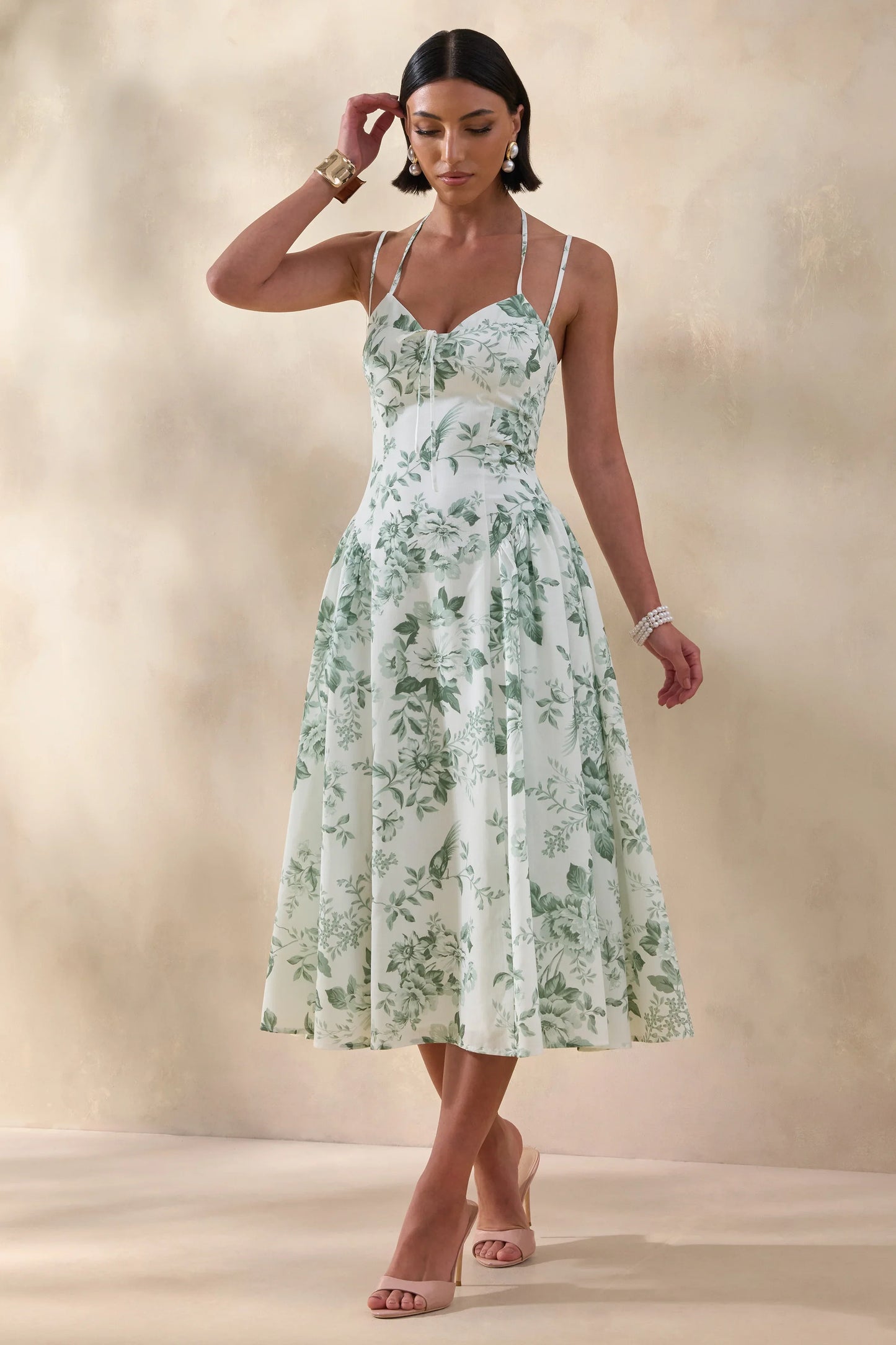 Audrey Green Floral Print Sweetheart Neck Midi Dress With Ruching Detail