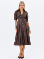 Vilda Espresso Brown Faux Leather Pleated Midi Dress