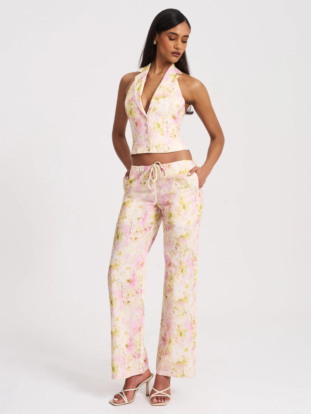 Laureen Pink Floral Print Linen Straight Pants