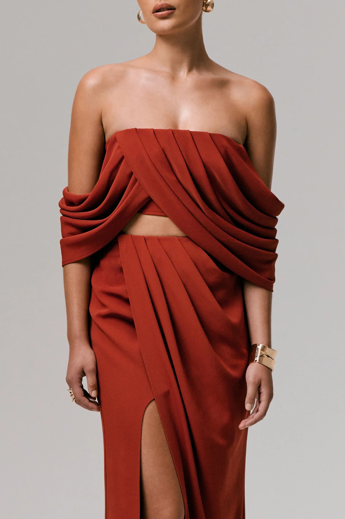 Zelina Terracotta Mid Rise Maxi Skirt with Split
