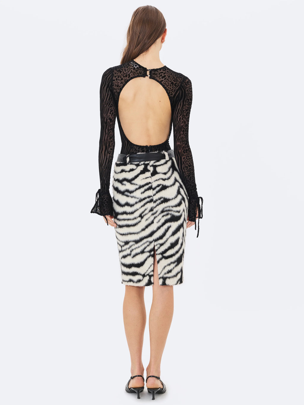 Ibera Black Animal Print Burnout Velvet Long Sleeve Bodysuit