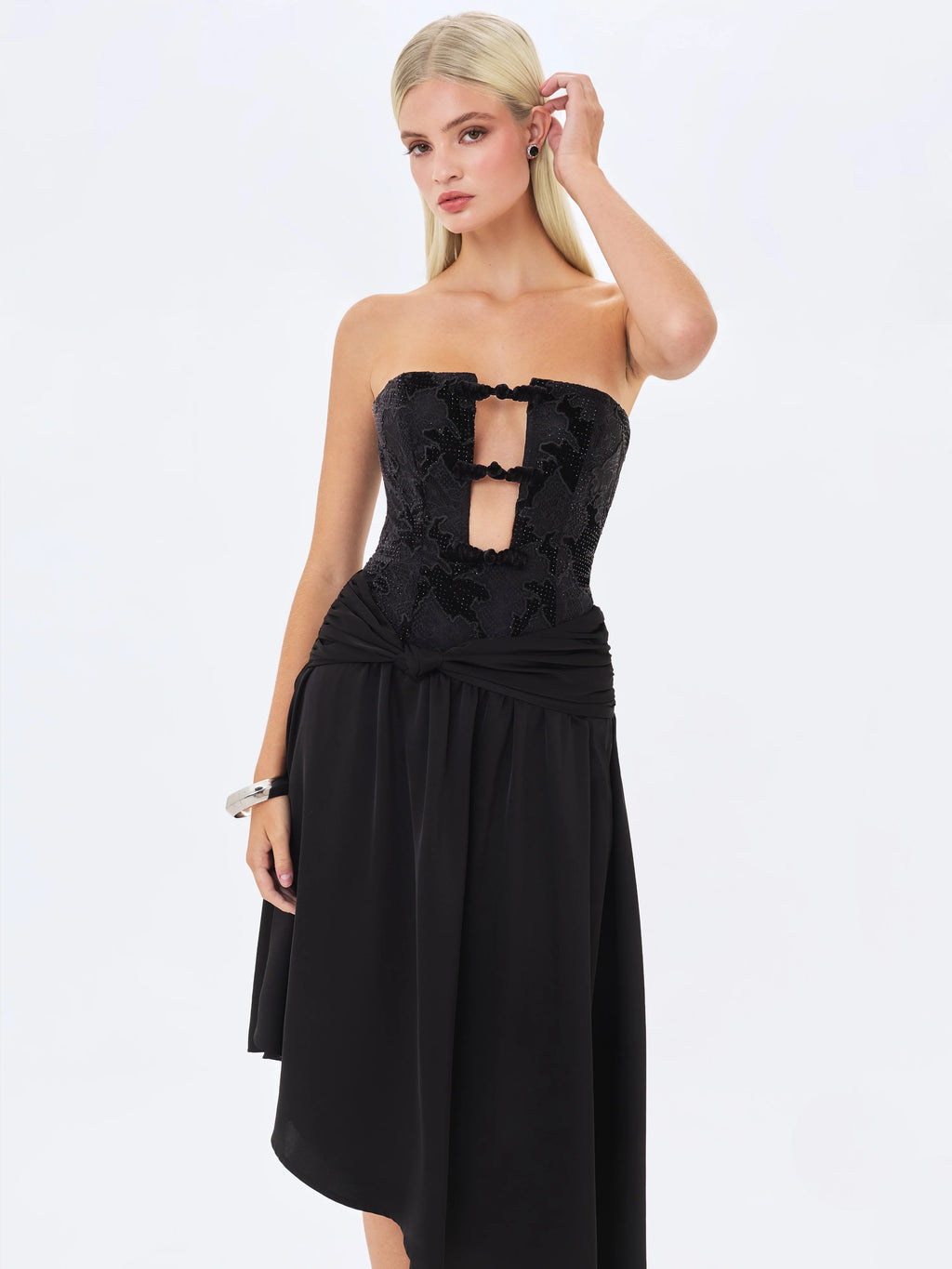 Yoseline Black Velvet Lace Cutout Asymmetrical Satin Midi Dress