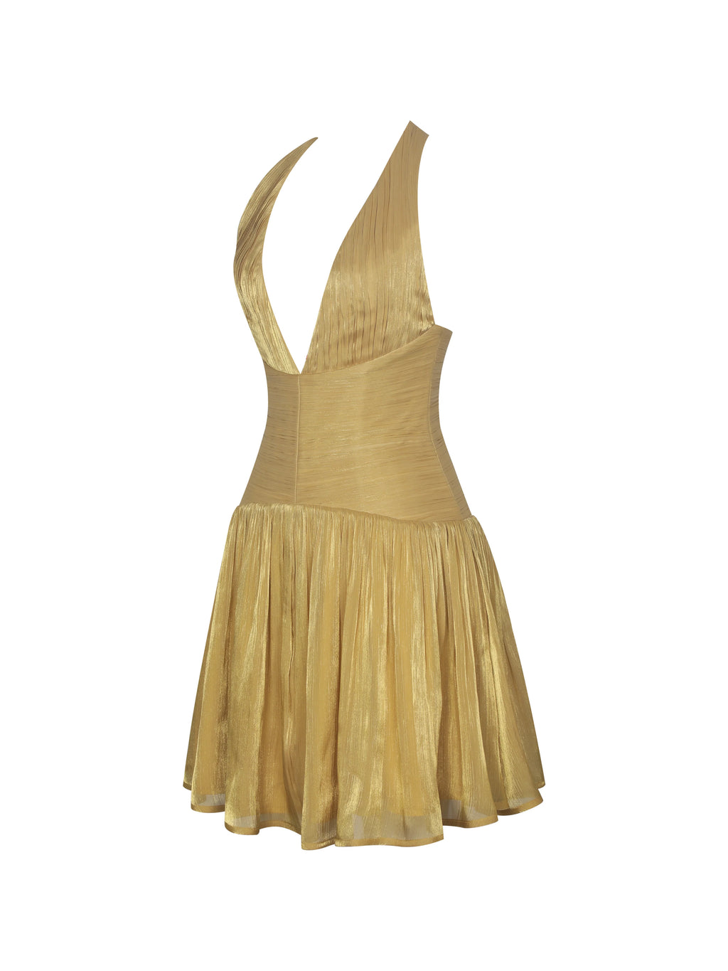 Xavia Gold Crystal Organza Plunging Halter Mini Dress