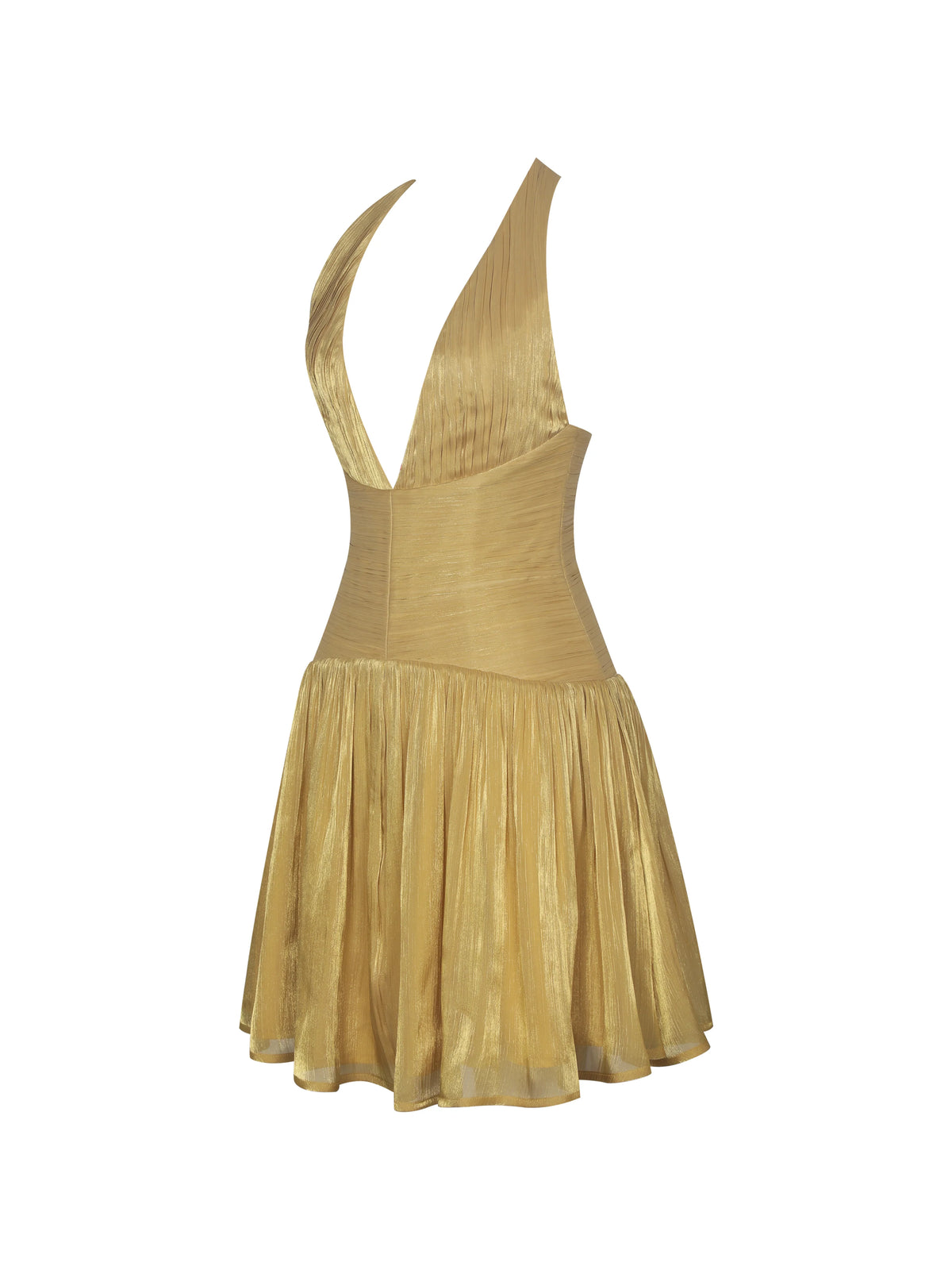 Xavia Gold Crystal Organza Plunging Halter Mini Dress