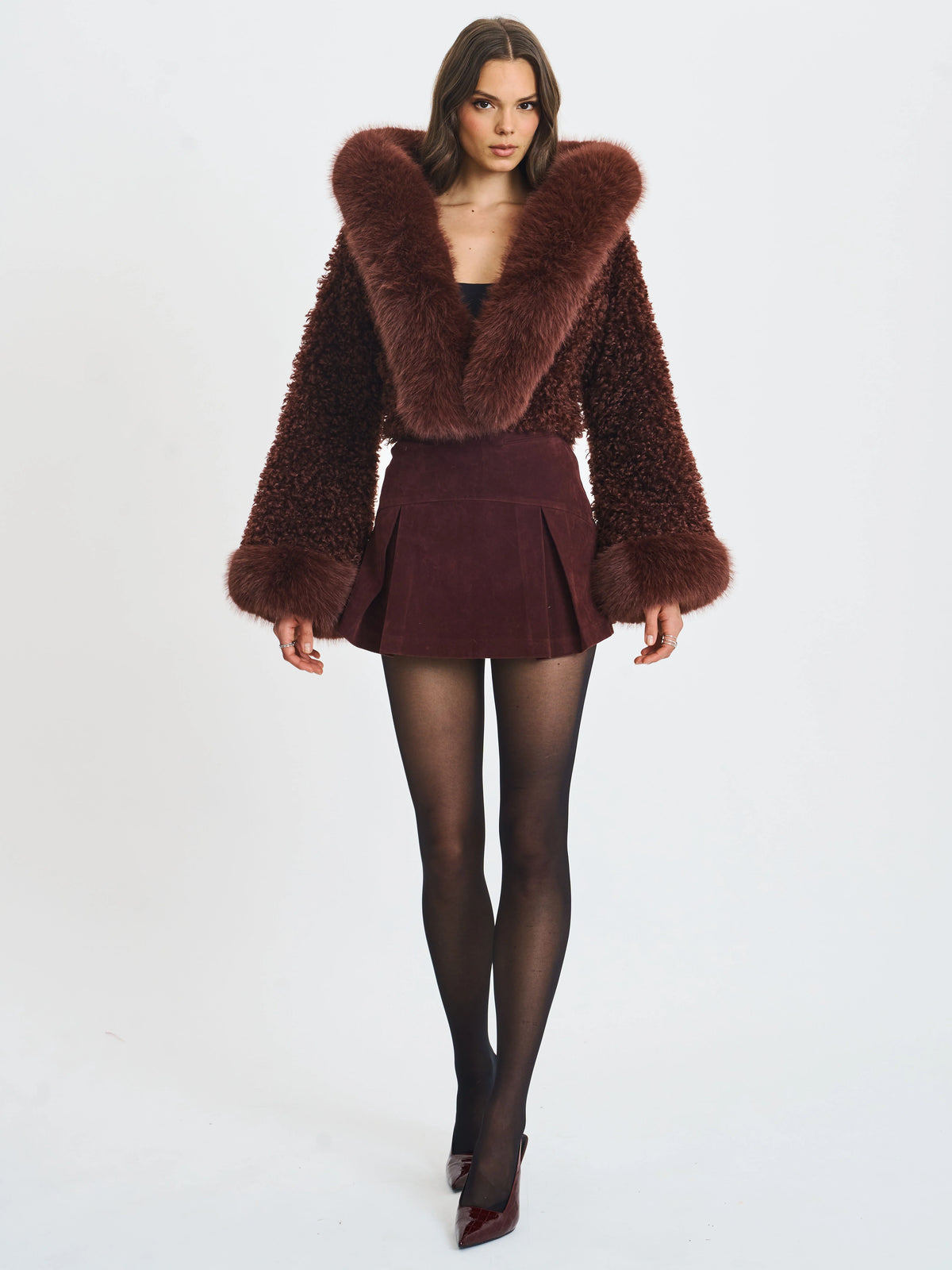 Kali Mahogany Cropped Vegan Shearling Fur Jacket