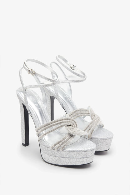 Doll Drama Silver Glitter Diamante Strappy Platform Heels